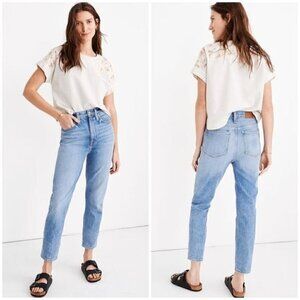 Madewell The Momjean in Melva Wash Light Blue High Rise Rigid Denim